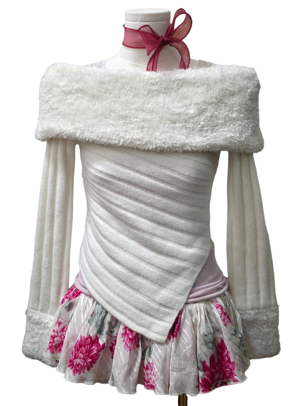 Sweet chilling ribbed faux fluffy off the shoulder knit asymmetrical sweater top